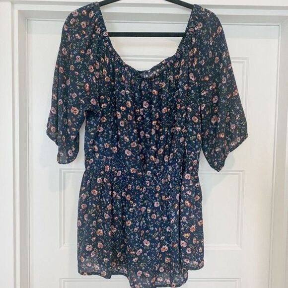 Lane Bryant Floral Fancy Off-Shoulder Top, Navy Blue, Size 1X - Picture 2 of 7